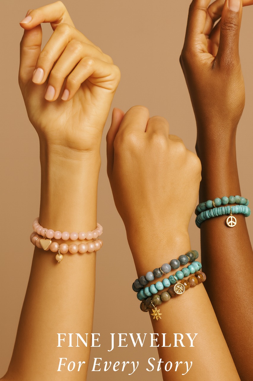 Hands stacked with gemstone bracelets